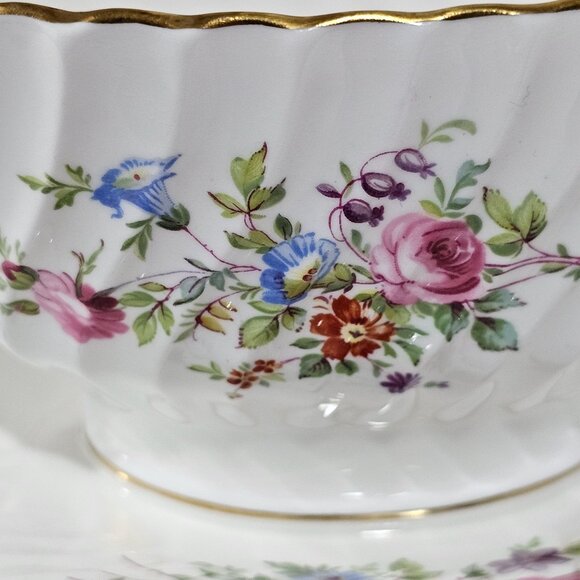 Minton Marlow Floral Gravy Boat Attached Underplate vtg Globe backstamp1950s ros - Picture 5 of 12